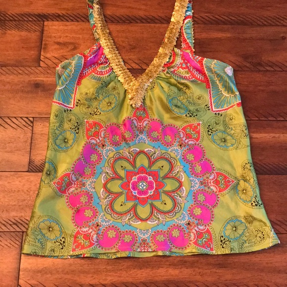 Evolve Tops - Evolve 100% silk green paisley sequined Boho tank